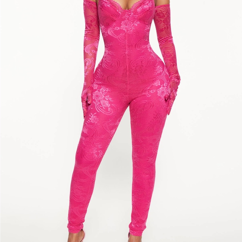 Fashion Nova Hot Pink Jumpsuit with Plunging Neckline and Long Sleeves